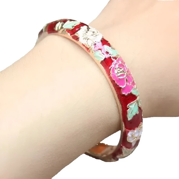 Peony Flower Chinese Filigree Traditional Cloisonne Enamel Ethnic Spring Hinged Cuff Bangles For Women Bracelets