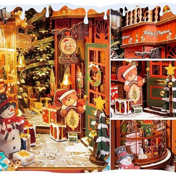 Robotime Diy Miniature Dollhouse Wood Kit Book Nook Shelf Insert Kit Christmas Street With Led Lights Tgc06 Puzzles