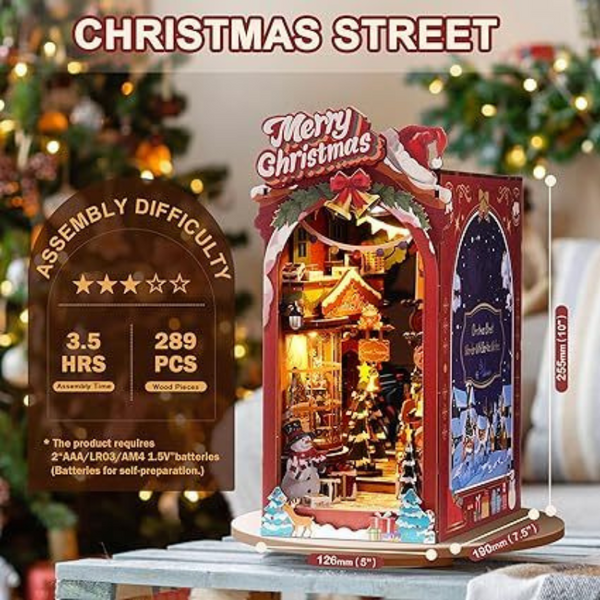 Robotime Diy Miniature Dollhouse Wood Kit Book Nook Shelf Insert Kit Christmas Street With Led Lights Tgc06 Puzzles