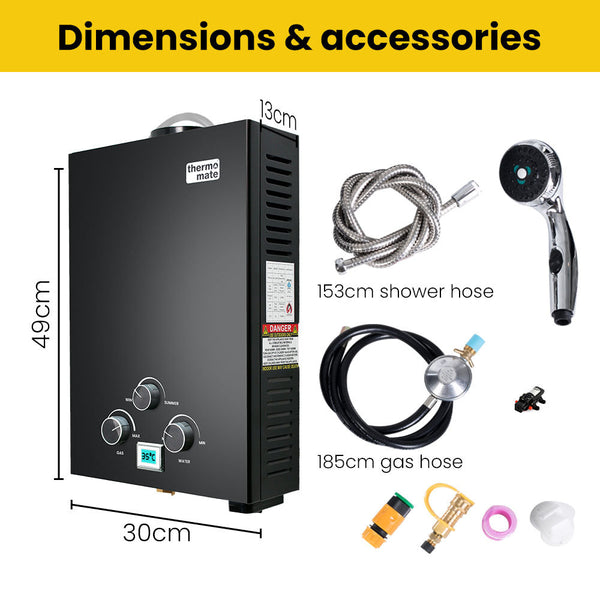 Thermomate Gas Outdoor Camping Hot Water Heater System With 12V Pump Shower Head Black Water Heaters