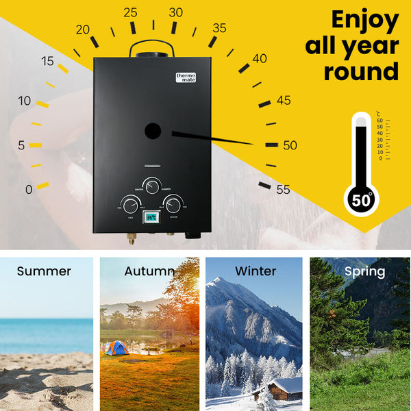 Thermomate Gas Outdoor Camping Hot Water Heater System With 12V Pump Shower Head Black Water Heaters