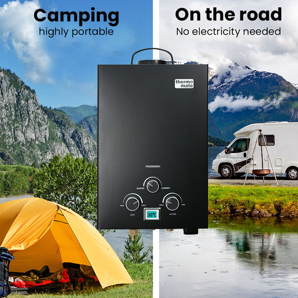 Thermomate Gas Outdoor Camping Hot Water Heater System With 12V Pump Shower Head Black Water Heaters