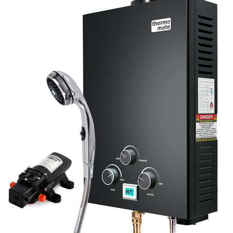 Thermomate Gas Outdoor Camping Hot Water Heater System With 12V Pump Shower Head Black Water Heaters