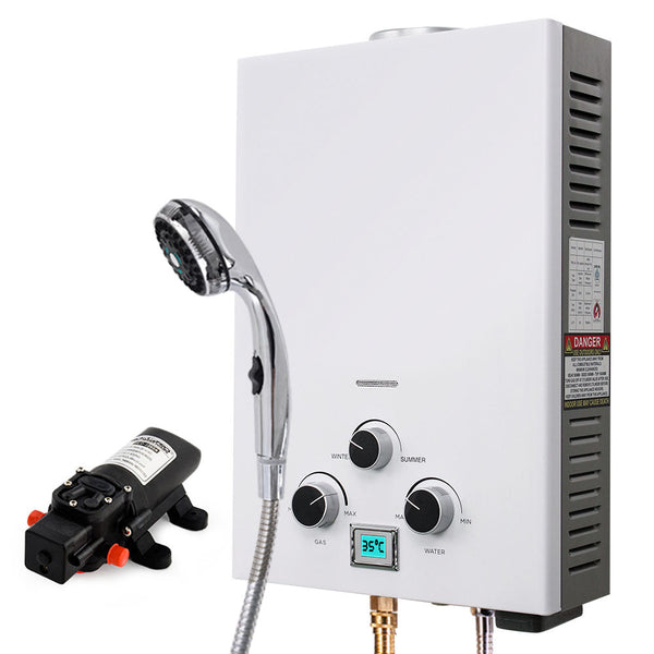 Thermomate Gas Outdoor Camping Hot Water Heater System With 12V Pump Shower Head White Water Heaters