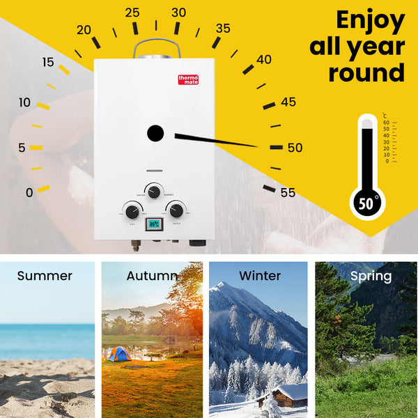 Thermomate Gas Outdoor Camping Hot Water Heater System With 12V Pump Shower Head White Water Heaters