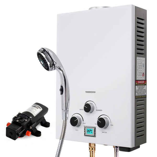 Thermomategas Outdoor Camping Hot Water Heater System With 12V Pump Shower Head White Water Heaters