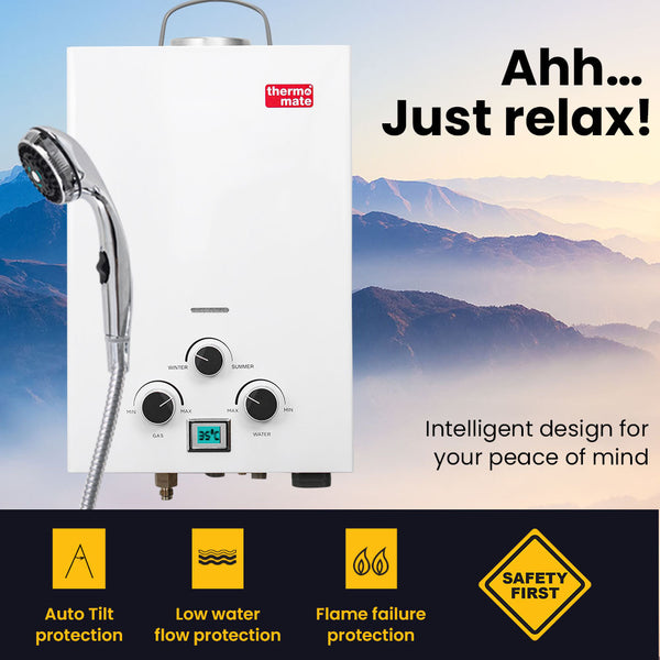 Thermomate Gas Outdoor Camping Hot Water Heater System With 12V Pump Shower Head White Water Heaters