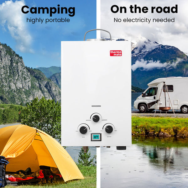 Thermomate Gas Outdoor Camping Hot Water Heater System With 12V Pump Shower Head White Water Heaters