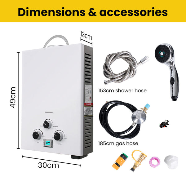 Thermomate Gas Outdoor Camping Hot Water Heater System With 12V Pump Shower Head White Water Heaters