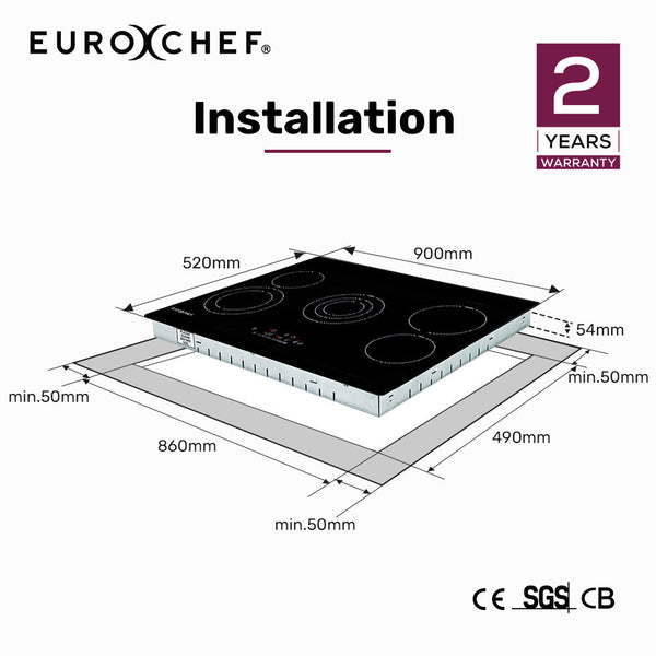 Eurochef 90Cm 5 Zone Ceramic Cooktop 8900W Electric Flexizone Adjustable Size Hobs Touch Controls Cooktops
