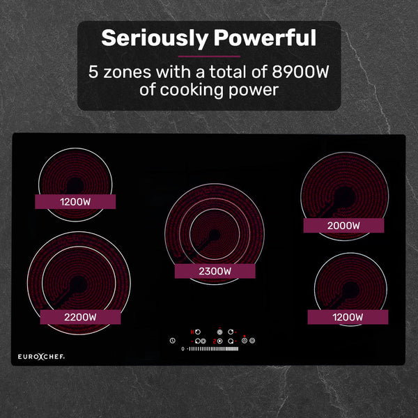 Eurochef 90Cm 5 Zone Ceramic Cooktop 8900W Electric Flexizone Adjustable Size Hobs Touch Controls Cooktops