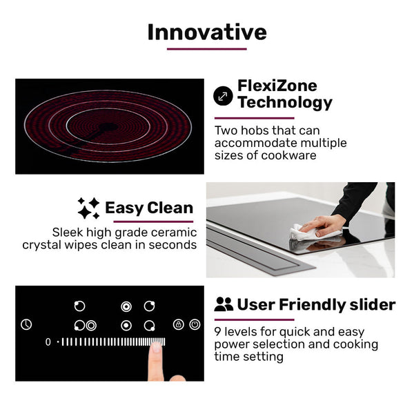 Eurochef 90Cm 5 Zone Ceramic Cooktop 8900W Electric Flexizone Adjustable Size Hobs Touch Controls Cooktops