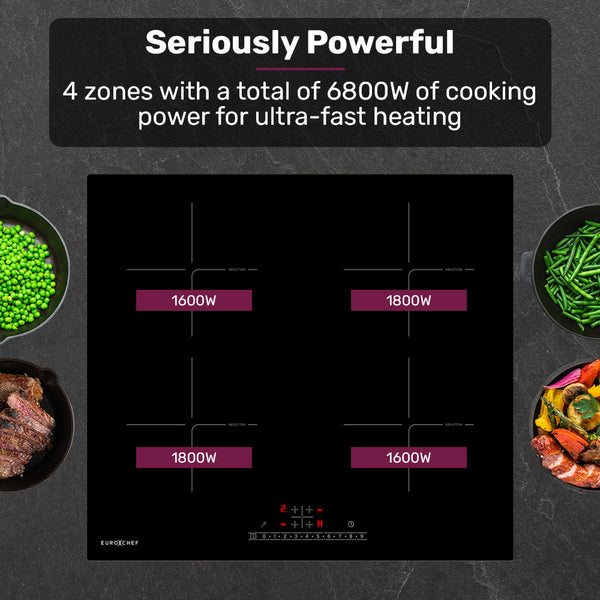 Eurochef 60Cm 4 Zone Induction Cooktop 6800W Electric Touch Controls Cooktops