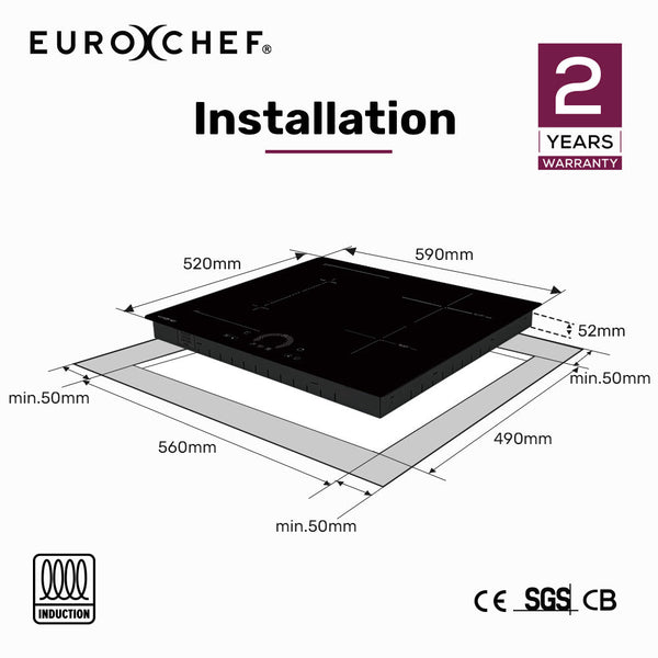 Eurochef 60Cm 4 Zone Induction Cooktop 7200W Electric Flexzone Function Touch Controls Cooktops