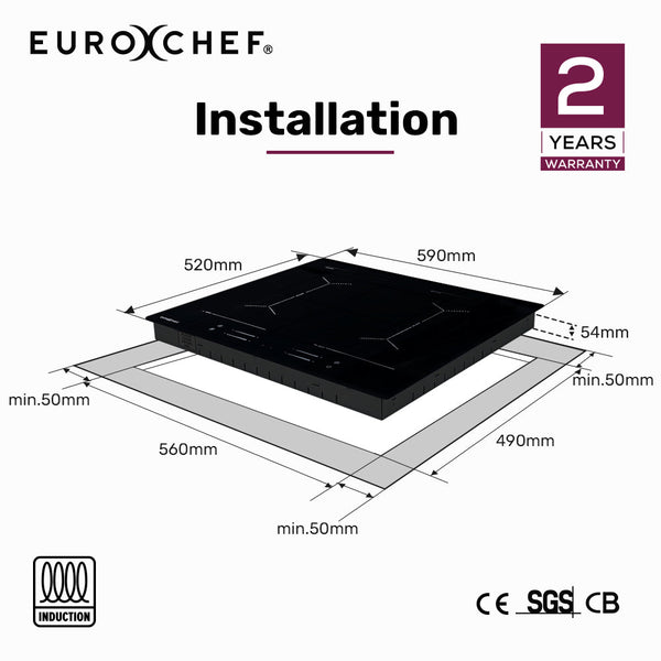 Eurochef 60Cm 4 Zone Induction Cooktop 7200W Electric Dual Link Bridged Hobs Touch Controls Cooktops
