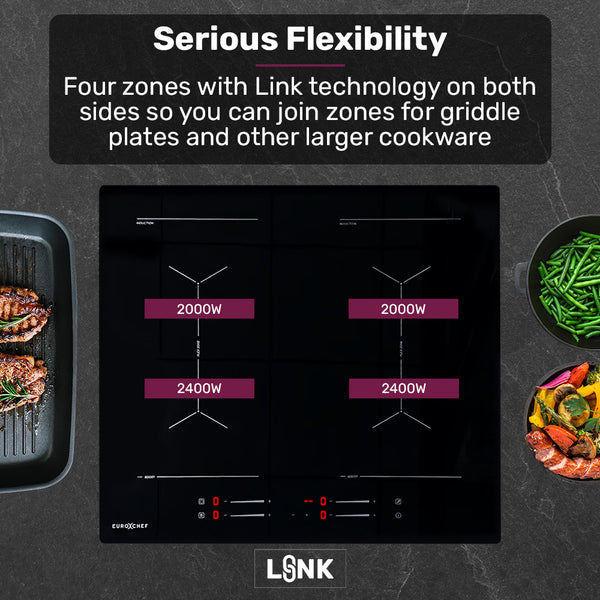 Eurochef 60Cm 4 Zone Induction Cooktop 7200W Electric Dual Link Bridged Hobs Touch Controls Cooktops
