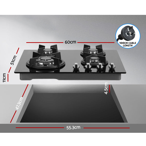 Devanti Gas Cooktop 60Cm 4 Burner Black Cooktops