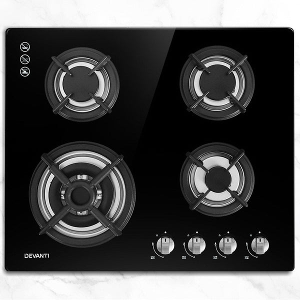 Devanti Gas Cooktop 60Cm 4 Burner Black Cooktops