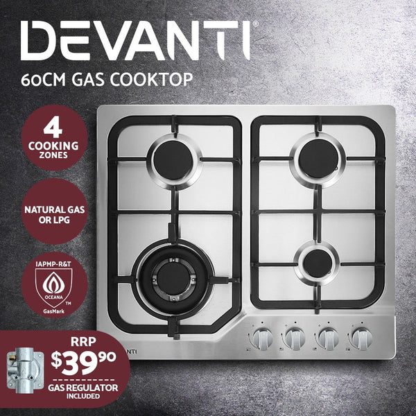 Devanti Gas Cooktop 60Cm 4 Burner Silvir Cooktops