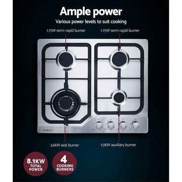 Devanti Gas Cooktop 60Cm 4 Burner Silvir Cooktops