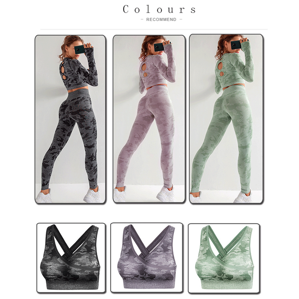 Camouflage 3 Piece Long Sleeved Bra Pants Sports Fitness Yoga Peach Hip Lifting Tight Set Tracksuits & Sets