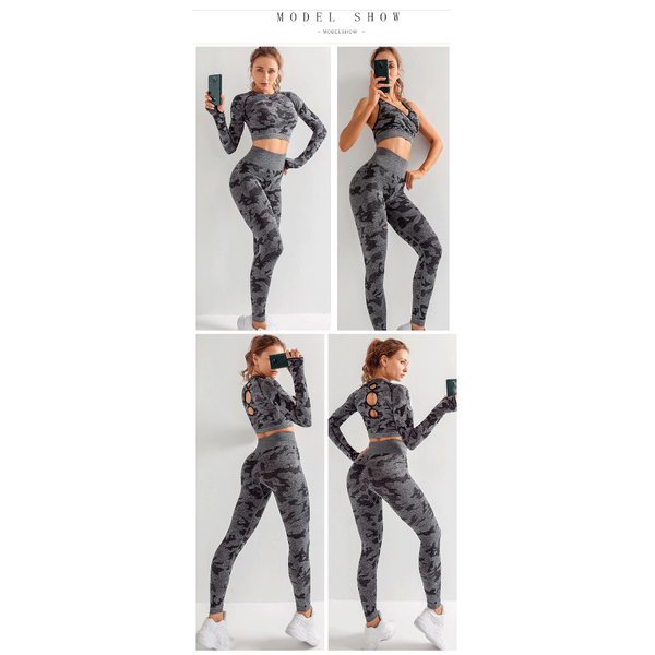 Camouflage 3 Piece Long Sleeved Bra Pants Sports Fitness Yoga Peach Hip Lifting Tight Set Tracksuits & Sets