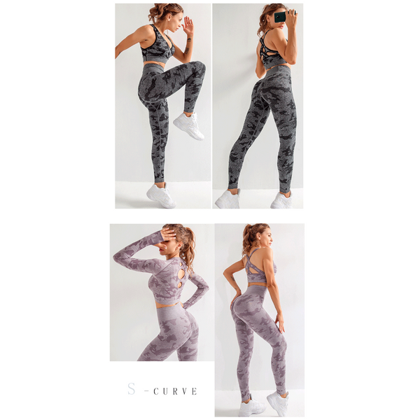 Camouflage 3 Piece Long Sleeved Bra Pants Sports Fitness Yoga Peach Hip Lifting Tight Set Tracksuits & Sets
