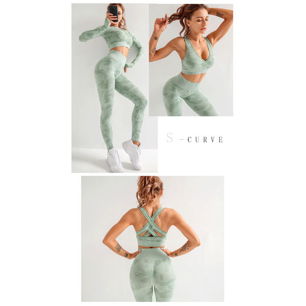 Camouflage 3 Piece Long Sleeved Bra Pants Sports Fitness Yoga Peach Hip Lifting Tight Set Tracksuits & Sets