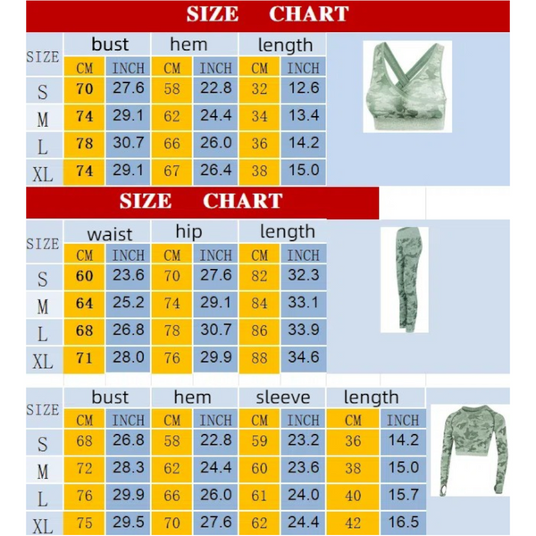 Camouflage 3 Piece Long Sleeved Bra Pants Sports Fitness Yoga Peach Hip Lifting Tight Set Tracksuits & Sets