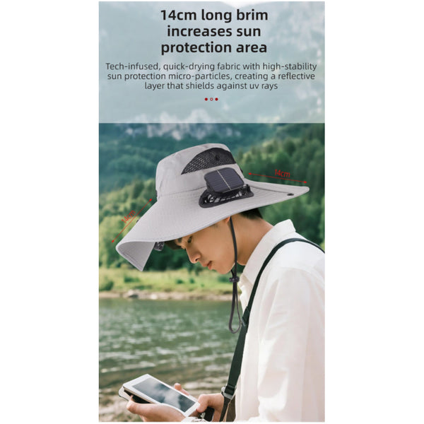 Khaki Dual Turbo Fan Sun Hat With Round Solar Panel & Typec Interface Waterproof 14Cm Wide Brim Cooling For Outdoor Fishing Hiking Camping Hats & Head
