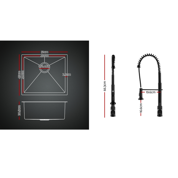 Cefito Stainless Steel Sink 51X45cm With Pull Out Mixer Tap Kitchen Single Bowl Black Kitchen Sinks