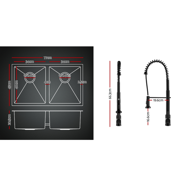 Cefito Stainless Steel Sink 77X45cm With Pull Out Mixer Tap Kitchen Double Bowl Black Kitchen Sinks