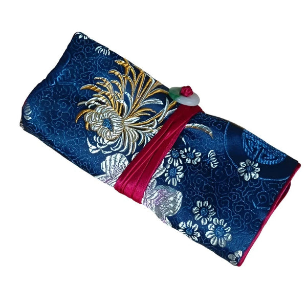 Chinese Silk Brocade Jewelry Roll Up Bags Travel Storage Pouch For Accessories Boxes & Cases