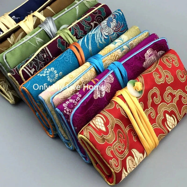 Chinese Silk Brocade Jewelry Roll Up Bags Travel Storage Pouch For Accessories Boxes & Cases