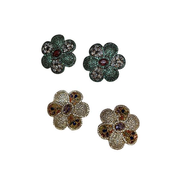 Veile Studios Colorful Flower Stamen With Diamond Flowers In Gold And Green Earrings