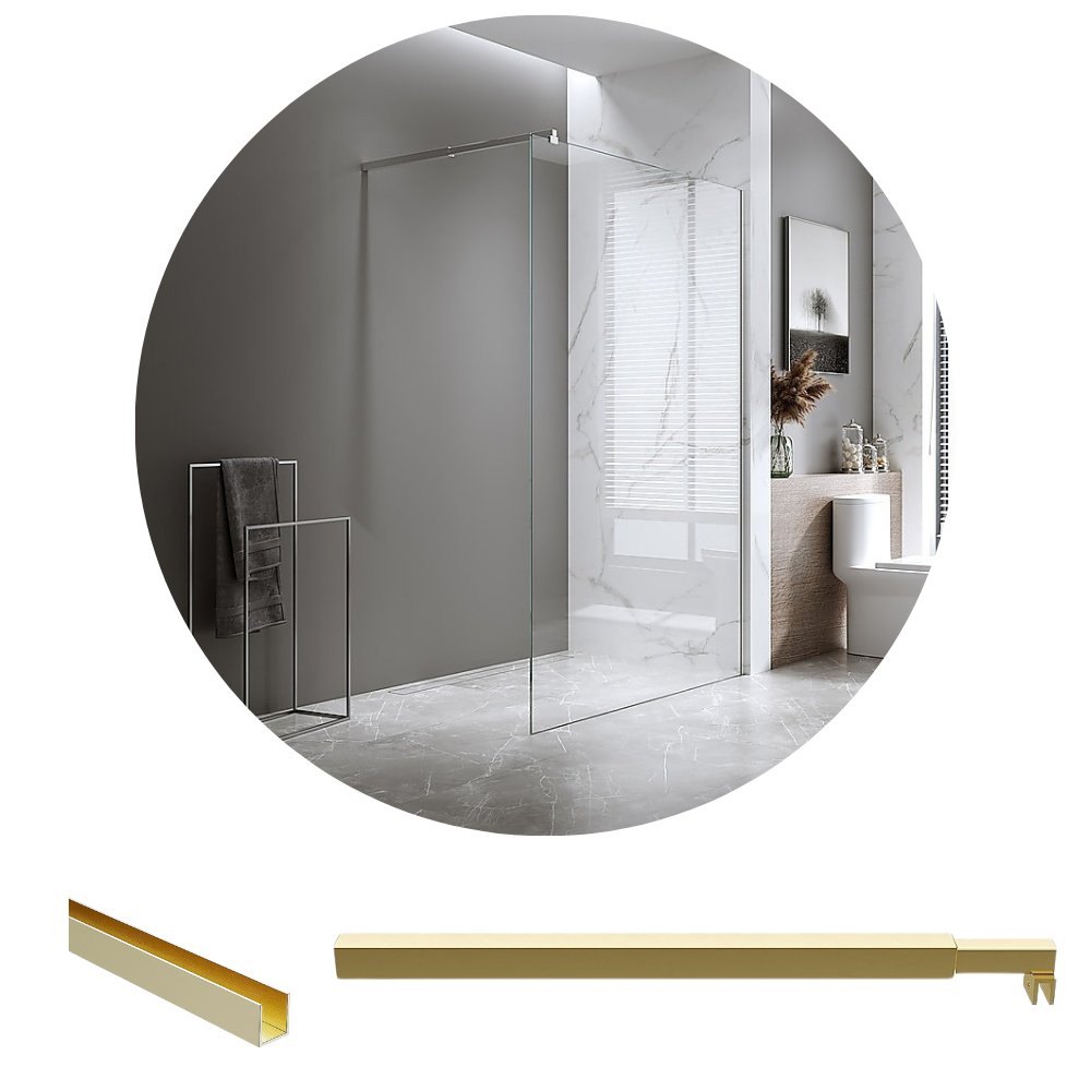 Della Francesca 100X210cm Single Shower Glass Screen With Gold Wall Channel & Square Pole Shower Enclosures