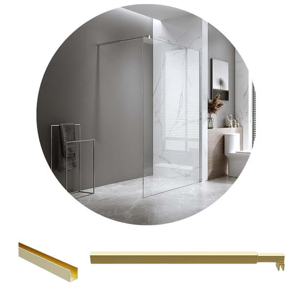 Della Francesca 100X210cm Single Shower Glass Screen With Gold Wall Channel & Square Pole Shower Enclosures