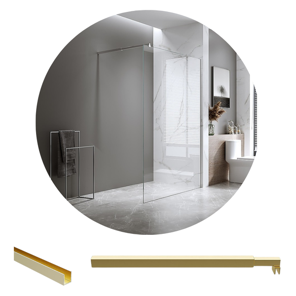 Della Francesca 110X210cm Single Shower Glass Screen With Gold Wall Channel & Square Pole Shower Enclosures