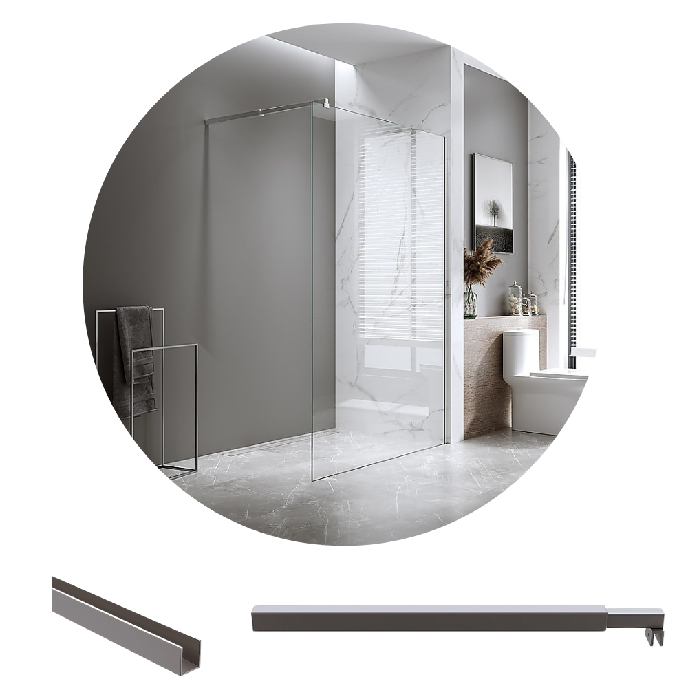 Della Francesca 100X210cm Single Shower Glass Screen With Gunmetal Wall Channel & Square Pole Shower Enclosures