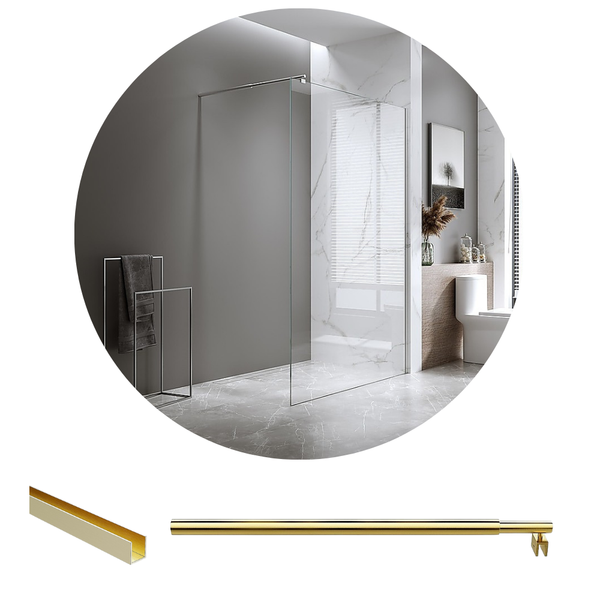 Della Francesca 100X210cm Single Shower Glass Screen With Gold Wall Channel & Round Pole Shower Enclosures