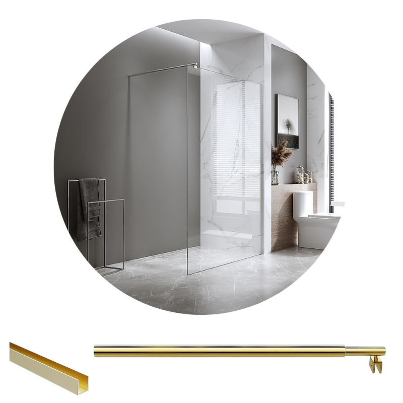 Della Francesca 120X200cm Single Shower Glass Screen With Gold Wall Channel & Round Pole Shower Enclosures