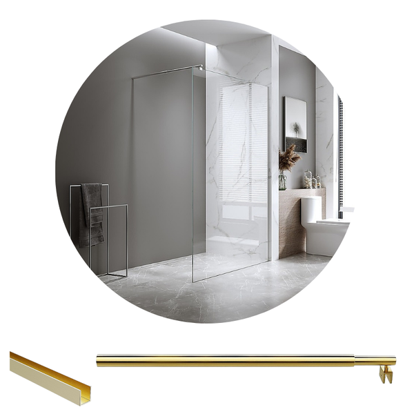 Della Francesca 120X200cm Single Shower Glass Screen With Gold Wall Channel & Round Pole Shower Enclosures