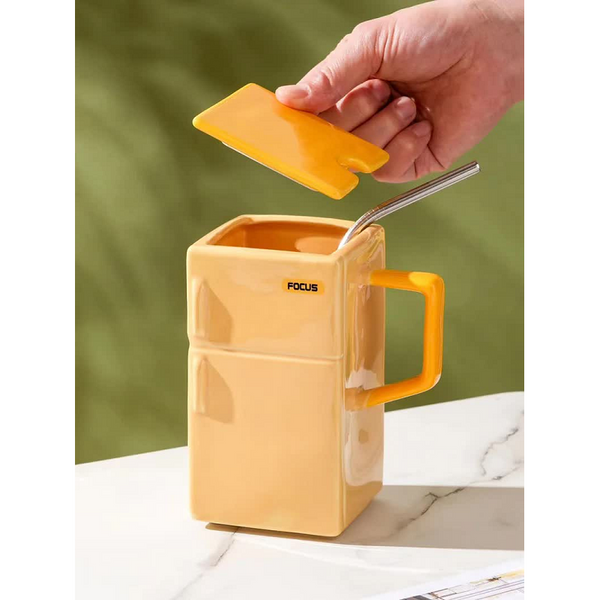 Grey Creative Retro Refrigerator Ceramic Mug With Lid Straw 550Ml Coffee Cup Unique Gift For Couples Or Office Use Mugs
