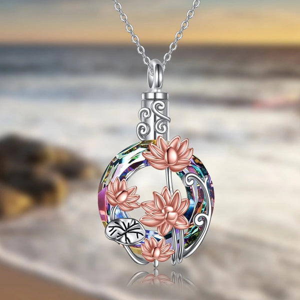 Veile Studios Crystal Flowers Cremation Ash Urn Necklace Lotus Pendant For Men Women Necklaces & Pendants