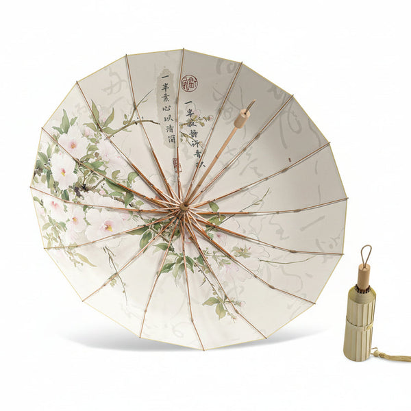 16 Rib Color Rubber & Gold Aluminum Alloy Frame: New Chinese Retro Folding Umbrella With Sun Protection And Uv Resistance. Umbrellas