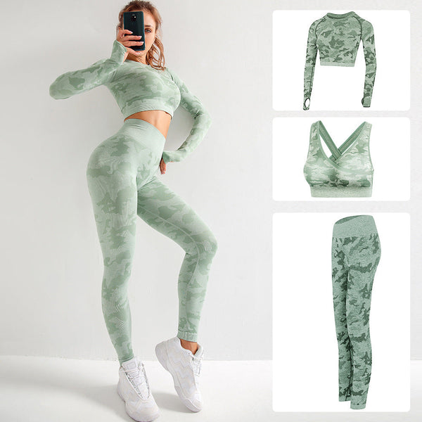 Camouflage 3 Piece Long Sleeved Bra Pants Sports Fitness Yoga Peach Hip Lifting Tight Set Tracksuits & Sets