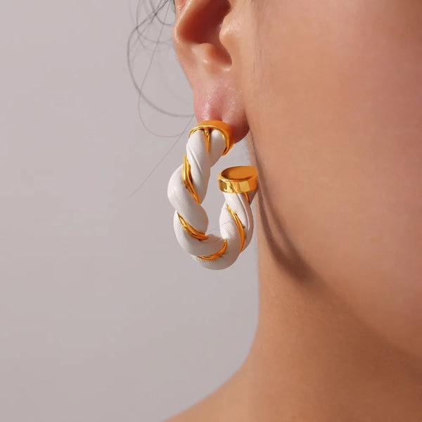 Twisted Leather Rope C Hoop Earrings