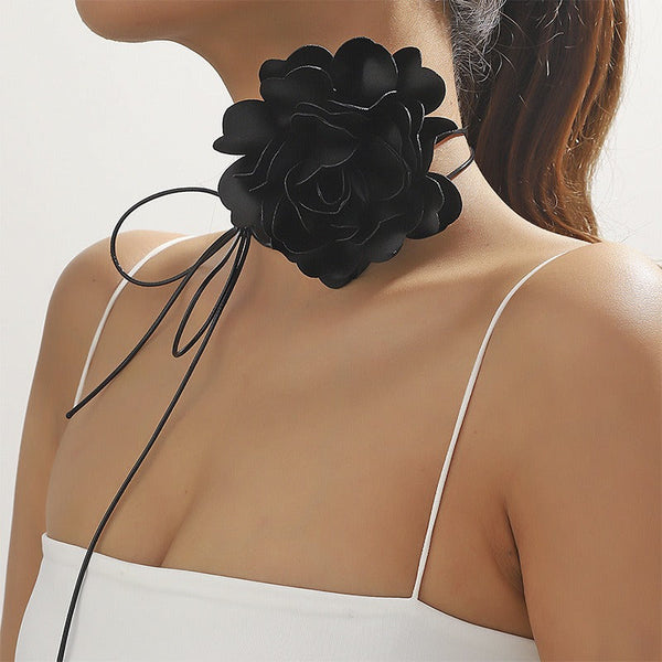 Veile Studios Retro Black Satin Peony Flower Neck Strap Necklace For Evening Fashion Wear Necklaces & Pendants