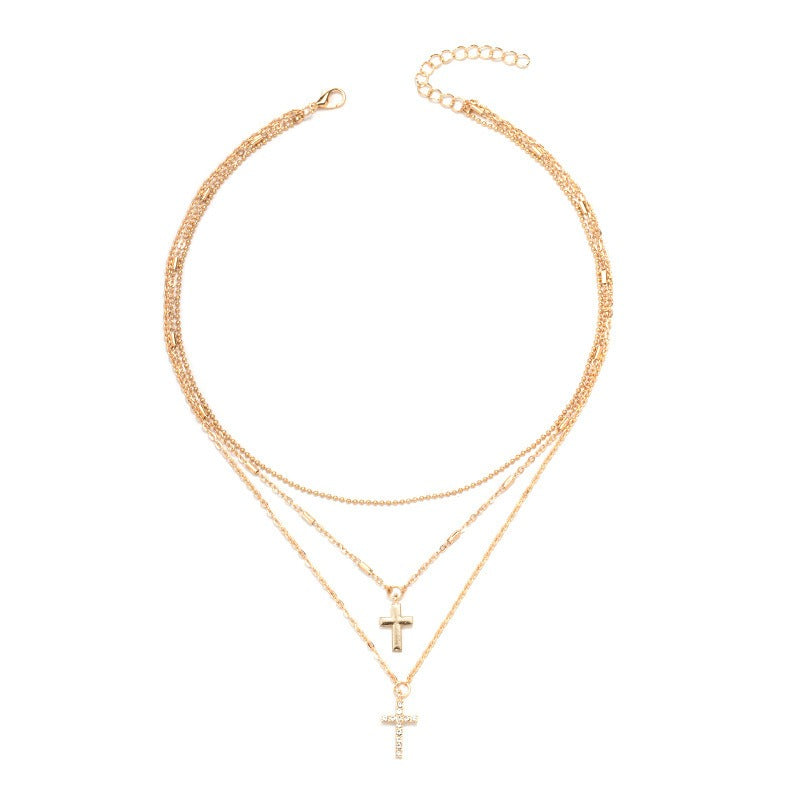 Veile Studios Full Diamond Cross Pendant Chain Necklace With Multiple Layered Accessories Necklaces & Pendants