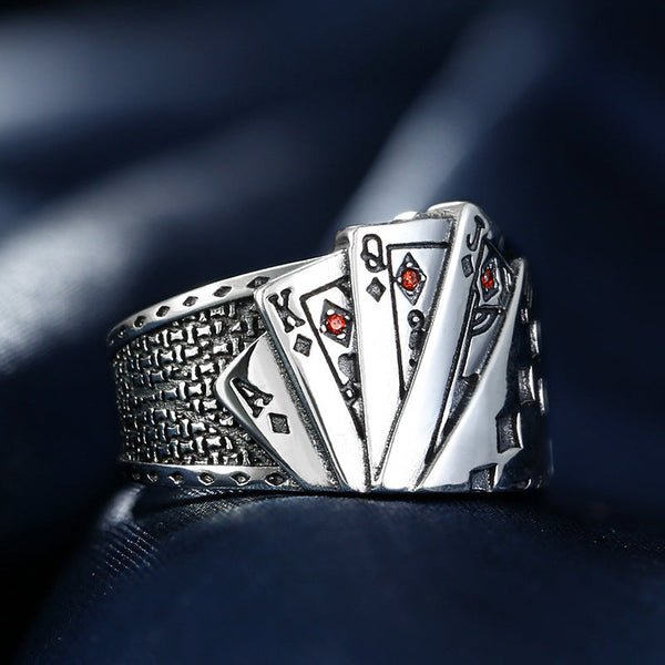Silver Ring With Poker Pattern Opening For Men And Women Retro Unique Design Rings